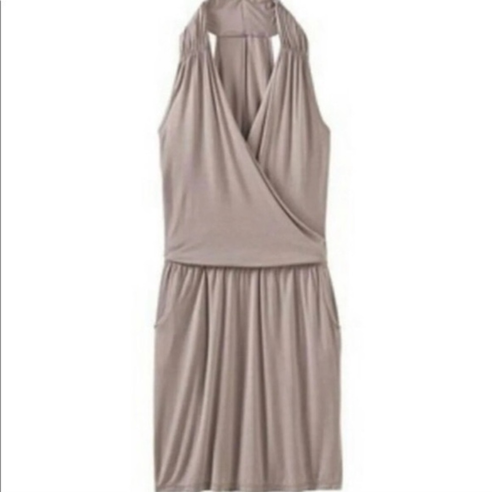 Athleta Crosstown Dress Medium Foxtail Taupe Sleeveless Pockets MicroModal NWT